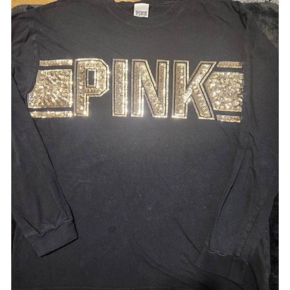 PINK Small black long sleeved top with PINK in gold sequin block lettering